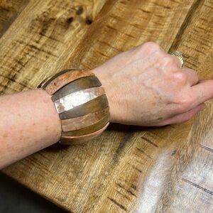 Bohemian Elasticized Wooden & Mother of Pearl Cuff Bracelet Tribal Unique